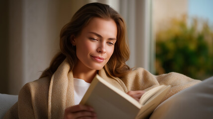 Woman reading book while sitting comfortably in a cozy living room. Soft, warm light from the window creates inviting atmosphere. Concept of relaxation, leisure, home decor
