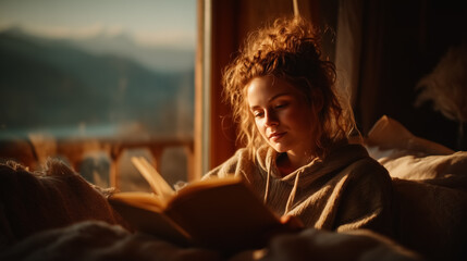 Woman sits relaxed on sofa with book in hand, natural light streaming in from window. Warm and inviting atmosphere with rustic decor. Concept of relaxation, self-care, home living