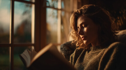 Woman immersed in book while sitting quietly on couch. Sunlight filters through window, creating warm atmosphere in living room. Concept of relaxation, reading, home decor