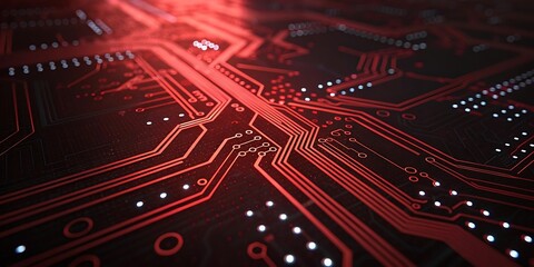 Intricate red circuit board pathways illuminated with fiery energy representing data flow and technological advancement