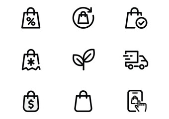 Ecommerce shopping bag delivery discount return eco friendly online shop retail sale purchase icon set design