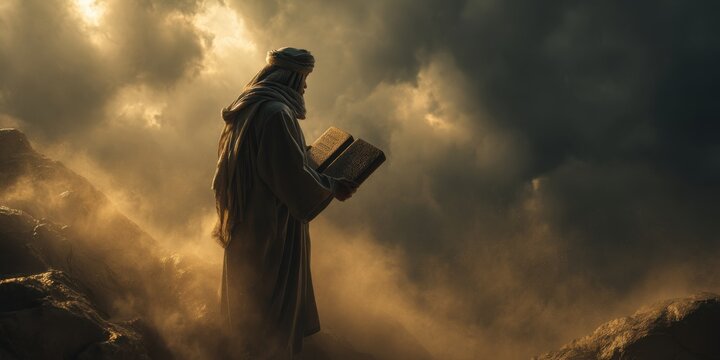 Man as Moses holding the ten commandments on stone tablets under a dramatic sky. Old Testament biblical scene. Religious narrative and faith concept.