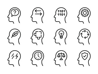 Human mind concept ideas thinking process brain activity head with gears question mark and light bulb icon set