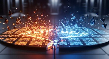 Fototapeta premium Abstract visualization of two opposing forces, represented by orange and blue energy particles, colliding and exploding in a futuristic, hightech environment with a grid floor