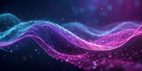 Abstract digital aurora waveform of glowing blue and purple particles flowing through dark space with tiny stars