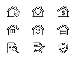 Home house real estate property mortgage insurance contract icon set vector illustration line art style
