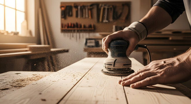 Close-up of a craftsman's hands using a power sander to smooth a wooden plank in a sunlit workshop, with sawdust flying