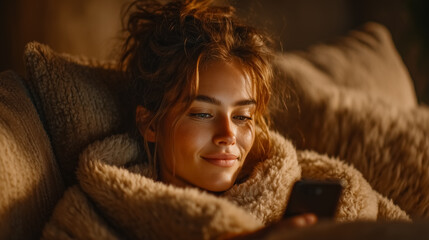 Woman smiles while using smartphone, wrapped in soft blanket on plush couch. Warm lighting creates inviting atmosphere in cozy room. Concept of home comfort, relaxation, technology