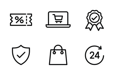 Online shopping sale discount coupon secure payment hour support quality guarantee shopping bag vector icon
