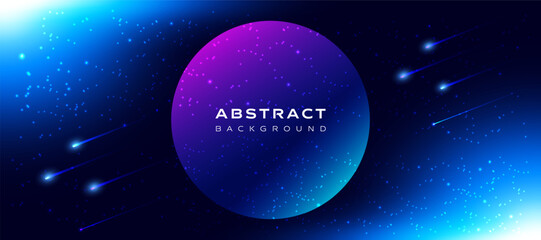 Abstract galaxy background vector with glowing stars and planet. Futuristic space scene with shooting star light effect for banner design