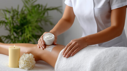 Massage therapist carefully applies cream to leg of client in tranquil spa setting. Soft candlelight enhances relaxation with greenery in background. Concept wellness, beauty, skin care