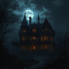 Haunted Mansion Under Full Moon
