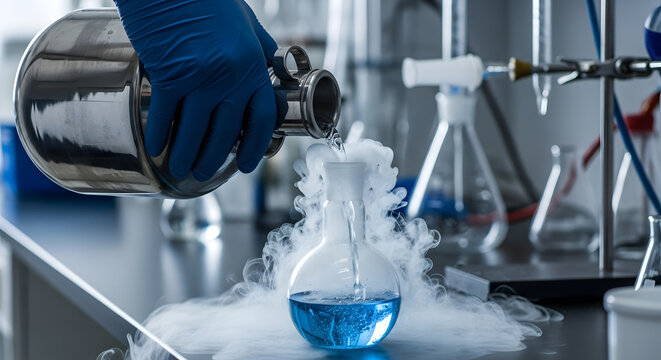 A chemist in a modern research laboratory carefully conducts an experiment, pouring cryogenic liquid into a blue solution, causing a dramatic vapor reaction - Powered by Adobe