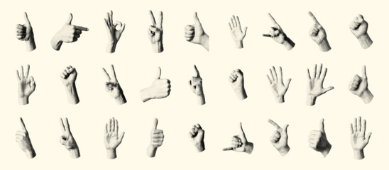 Collection of 27 Halftone Hand Gestures in Vintage Pop Art Style