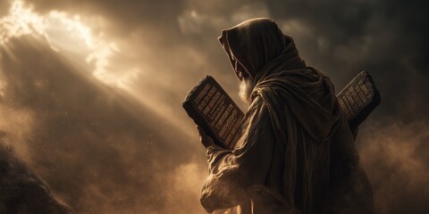 Man with bearded face holding stone tablets with ancient script. Moses and the Ten Commandments. Divine law, biblical story.