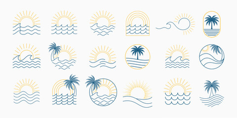 tropical palm tree minimalist line art logo. palm tree with sunset, wave symbol. vector illustration