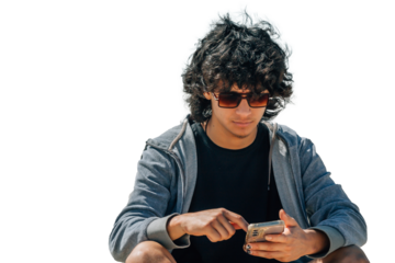 young man wearing sunglasses using mobile phone isolated, cut out