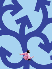 Bright artwork. Woman in hoodie facing many blue arrows with confused emotion. Concept of decision making, future uncertainty, complex choices, business strategy, and challenge.
