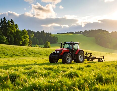 Tractor working in a lush green field at sunset