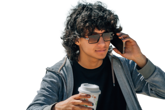 young man talking on mobile phone and with takeaway isolated, cut out - Powered by Adobe