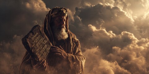 Man, Moses holding the Ten Commandments with ancient script. Historical biblical scene, Old Testament concept. Religious illustration.
