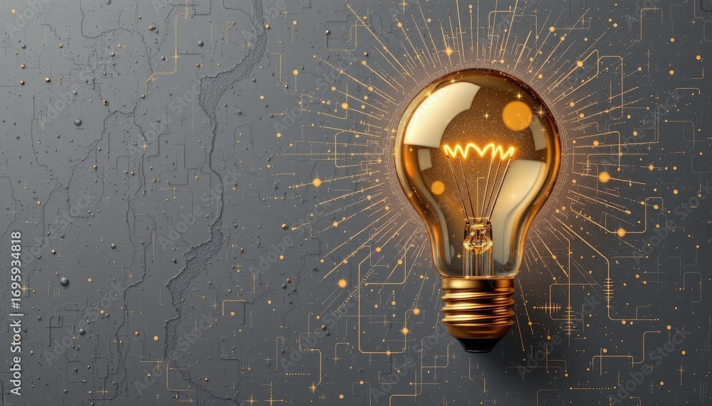 Aufkleber elegant light bulb glowing against textured gray background with digital circuit patterns creating a