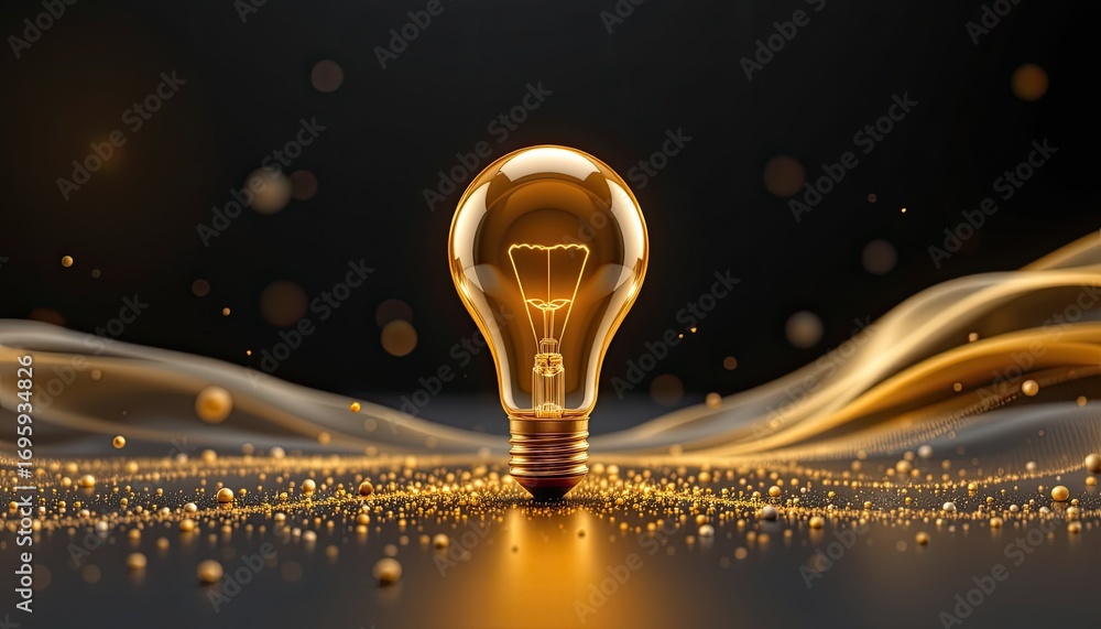 Poster glowing light bulb surrounded by golden particles and flowing waves with a dark background