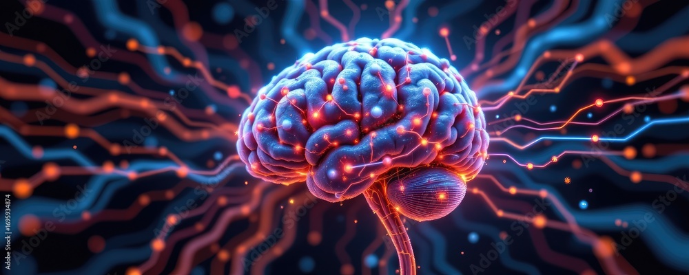 Poster vibrant neural network illustration with electric pulses and abstract brain design for science and t