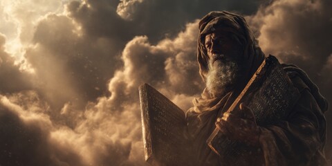 Man, Moses, holding the ten commandments on stone tablets, concept of ancient teachings, spirituality and religion.