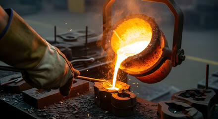 A skilled artisan in a foundry meticulously pours glowing, molten metal from a crucible into a prepared casting mold
