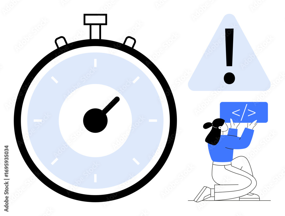 Poster large stopwatch with marked dial, warning triangle with exclamation mark, and woman kneeling while d
