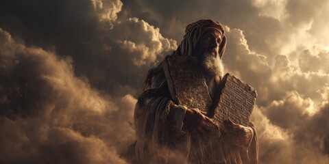 Fototapeta premium Moses man holding the Ten Commandments tablets. Biblical old testament scene. Religious law for Christianity and Judaism concept.