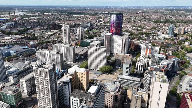 Pull back drone aerial reverse reveal Croydon town centre south London UK