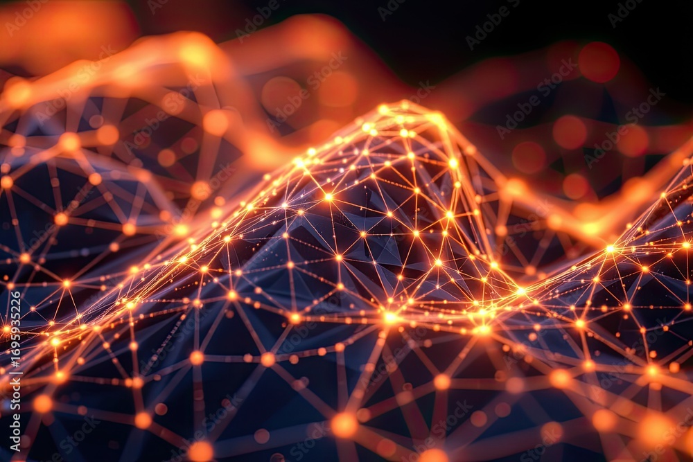 Poster abstract network structure with bright connecting lines and dots creating a dynamic electric landsca