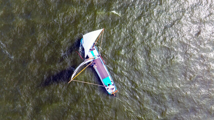 Aerial topshot from an ancient wooden ship cruising on the IJsselmeer in the Netherlands © Nataraj