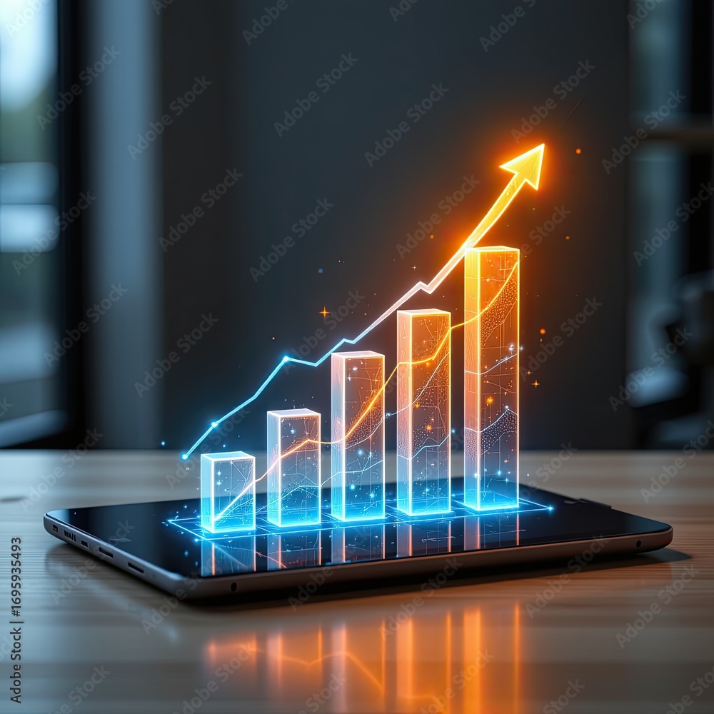 Poster modern digital growth chart on tablet screen with glowing graph lines depicting business success and