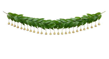 Green Leaf Garland: A garland of vibrant green leaves is adorned with golden bells, forming a graceful arc. The decorative piece evokes a sense of serenity and aesthetic beauty.