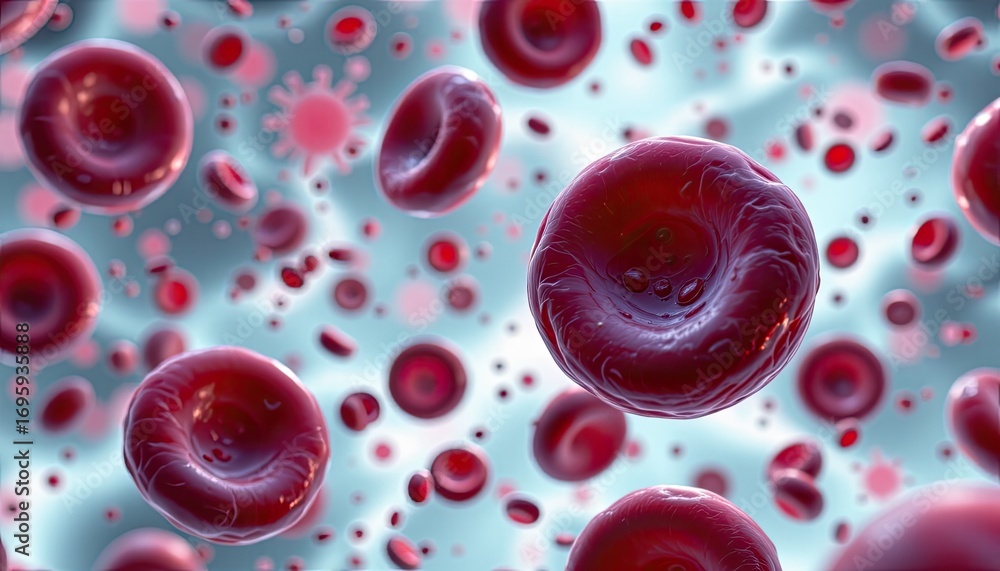 Poster microscopic view of red blood cells in action amidst viruses and pathogens in a vivid abstract backg