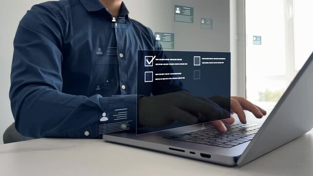 Employees must complete online survey form with answer test questions. Human resources and management employment.Digital questionnaire and business communication concept.