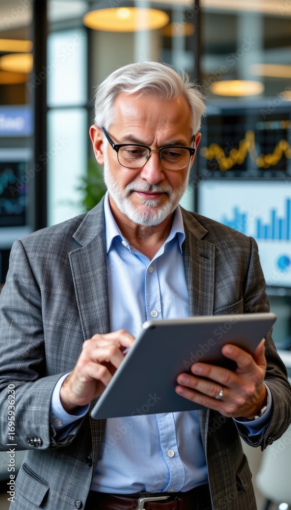 Aufkleber senior businessman using tablet in modern office with financial charts and data visualization on bac