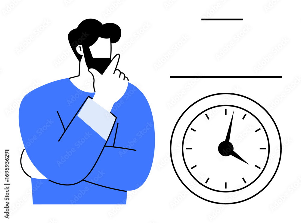 Poster man with hand on chin thinking near clock emphasizing decision-making, time management, deadline, pr