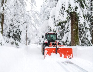 Tractor clearing snow-covered forest path