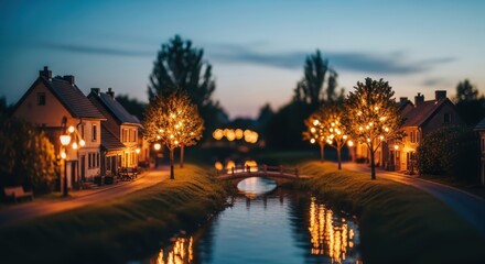 Evening Cityscape with Illuminated Trees and River