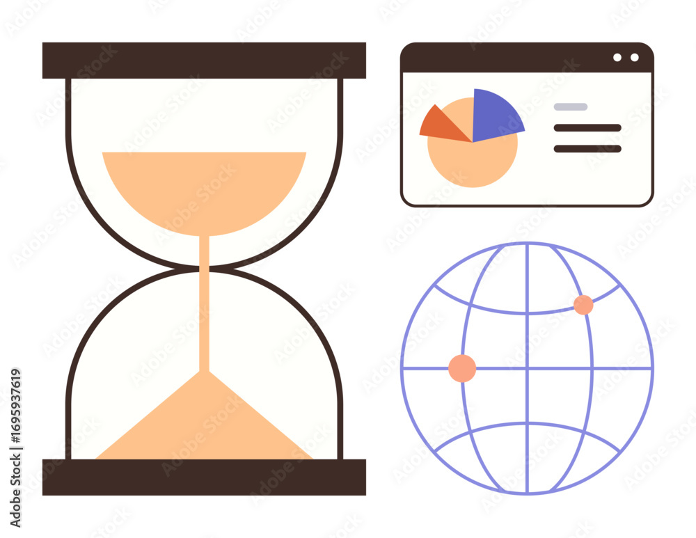 Aufkleber hourglass visualization of time, pie chart with data analysis, networked globe with connection nodes