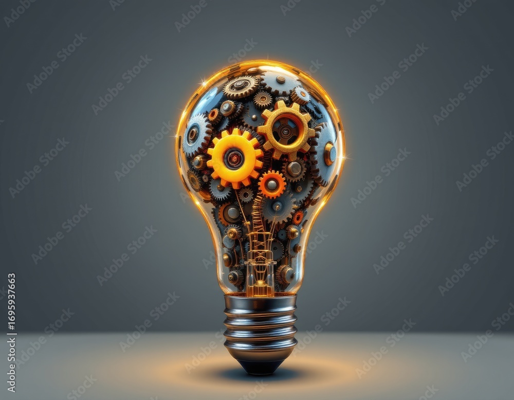 Poster light bulb with gears and cogs illustrating innovation and creativity in ideas and concepts of engin