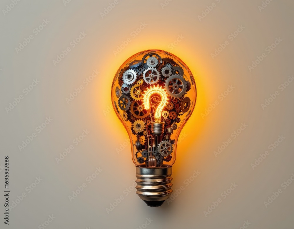Poster creative concept of light bulb with gears inside representing innovation and ideas in technology and