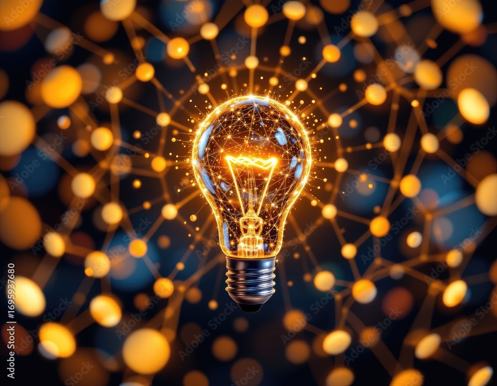 Aufkleber sparkling lightbulb surrounded by abstract golden particles and twinkling connections in dark backgr