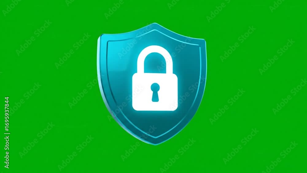 Poster dynamic digital security shield and padlock animation on vibrant green screen, perfect for cybersecu