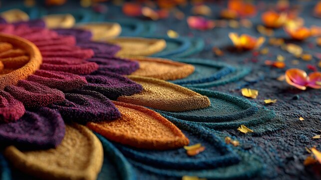 Rice, sand, colored powder art., intricate geometric and floral patterns drawn on the floor.