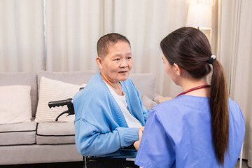 Fototapeta premium Elderly and caregiver, nurse healthcare routine, encouraging gentle exercise while delivering pills, strengthening aging immune system, monitoring medication schedule, senior people in nursing homeEld